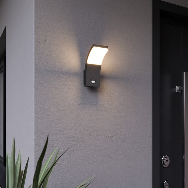 Lucande LED zidna svjetiljka Timm, senzor, 20 cm, antracit, IP54, Crno, Aluminij, Zidni kvadrat