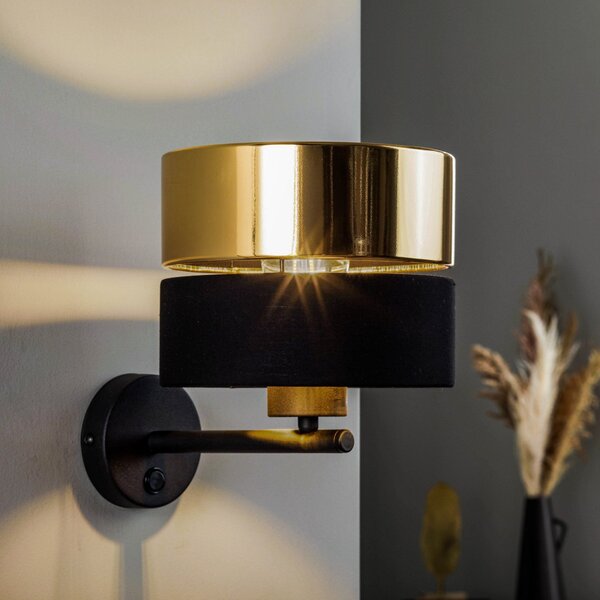 TK Lighting Zidna svjetiljka Hilton, crna/zlatna, Crno, Dnevni boravak/blagovaonica, Metal