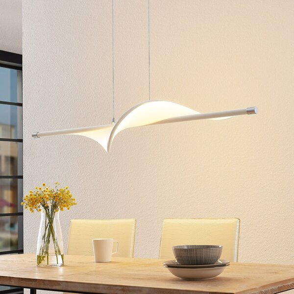 Lucande LED visilica Edano, 122 cm, bijela, tekstil, prigušiva, prigušiva, Bijela, Dnevni boravak/blagovaonica, Tkanina / tekstil