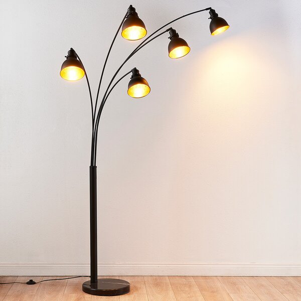 Lindby podna lampa Lira, 5 lampi, visina 205 cm, crna, zlatna, Crno, Dnevni boravak/blagovaonica, Metal, Stanite zračeći prema dolje