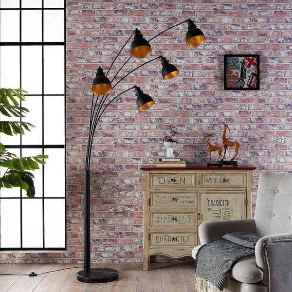 Lindby podna lampa Lira, 5 lampi, visina 205 cm, crna, zlatna, Crno, Dnevni boravak/blagovaonica, Metal, Stanite zračeći prema dolje