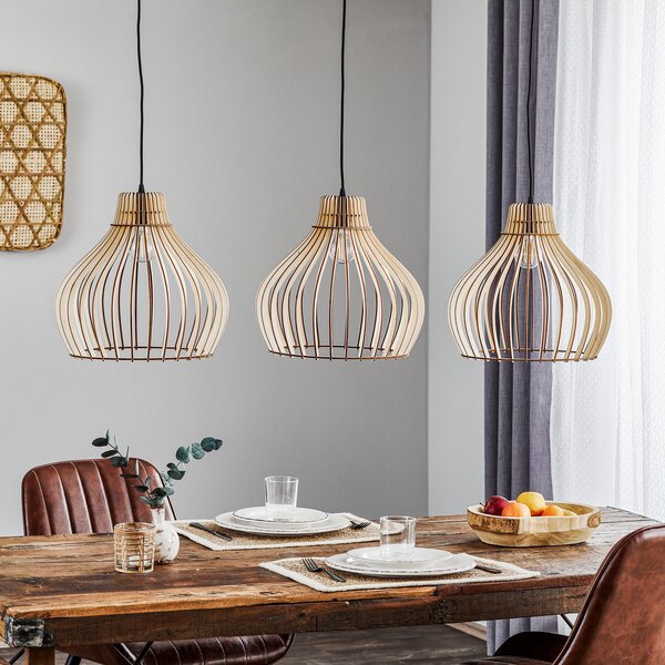 TEMAR LIGHTING Viseća svjetiljka u obliku bačve s drvenim sjenilima, 3 žarulje. dugo, prigušiva, Drvo, Dnevni boravak/blagovaonica, Drvo