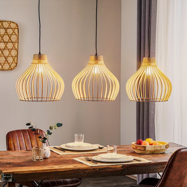 TEMAR LIGHTING Viseća svjetiljka u obliku bačve s drvenim sjenilima, 3 žarulje. dugo, prigušiva, Drvo, Dnevni boravak/blagovaonica, Drvo