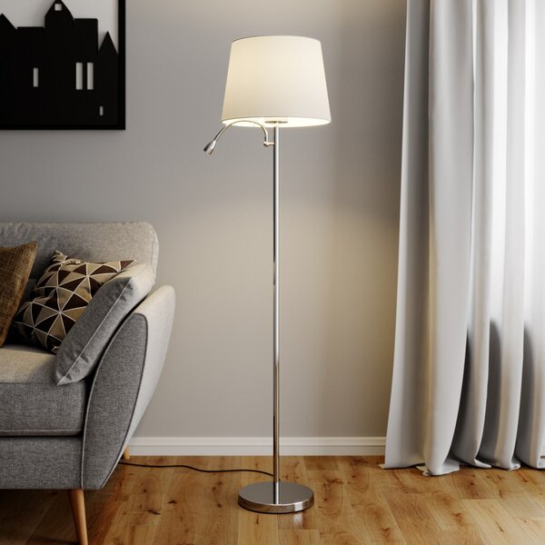 Lindby podna lampa Benjiro, bijela, tekstil, svjetlo za čitanje, 150 cm, Bijela, Dnevni boravak/blagovaonica, Tkanina / tekstil, Svjetlo za čitanje