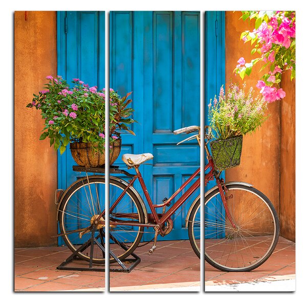 Slika na platnu - Priloženi bicikl s cvijećem - kvadrat 374B (75x75 cm)