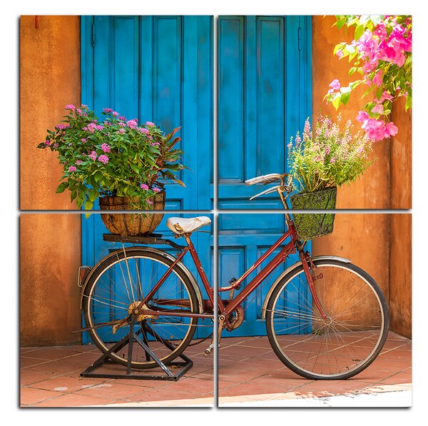Slika na platnu - Priloženi bicikl s cvijećem - kvadrat 374D (60x60 cm)