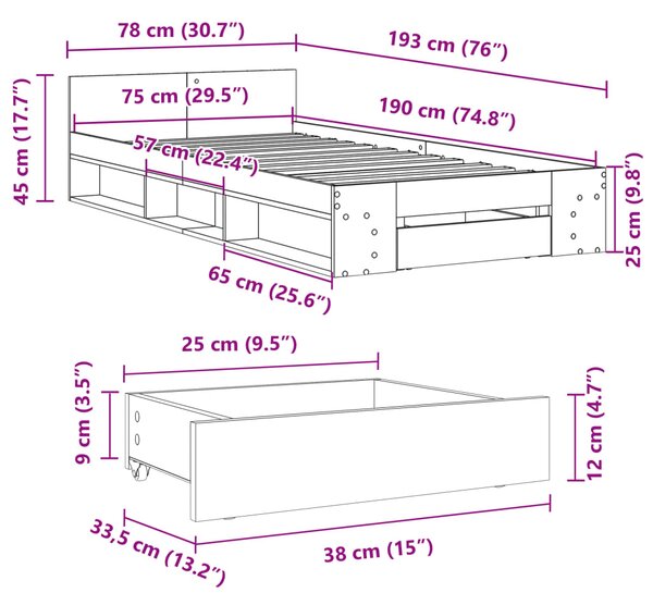 Okvir kreveta s ladicom boja dimljenog hrasta 75x190 cm drveni - Smeđa / 75 x 190 cm