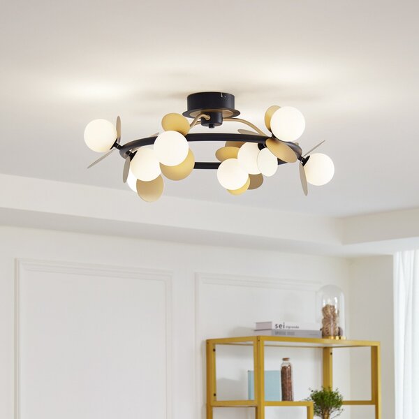Lucande LED stropna lampa Pallo, 9 žarulja, crna/zlatna, staklo, prigušiva, Crno, Dnevni boravak/blagovaonica, Metal