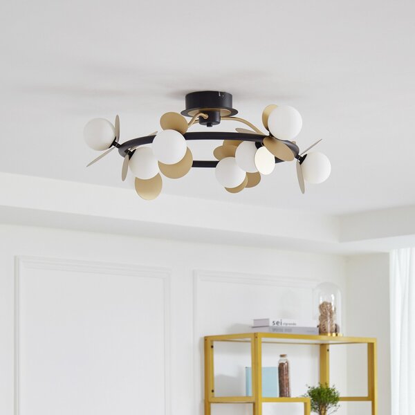 Lucande LED stropna lampa Pallo, 9 žarulja, crna/zlatna, staklo, prigušiva, Crno, Dnevni boravak/blagovaonica, Metal