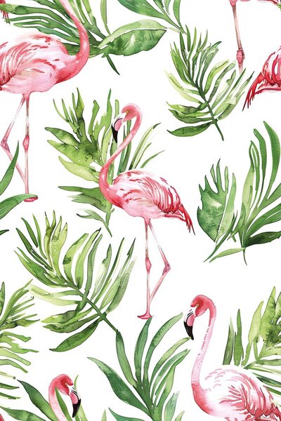 Tapeta flamingo s lišćem u tehnici akvarela