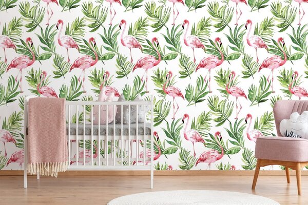 Tapeta flamingo s lišćem u tehnici akvarela