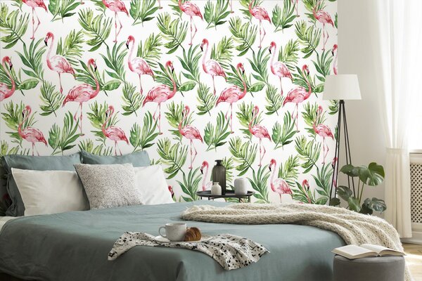 Tapeta flamingo s lišćem u tehnici akvarela