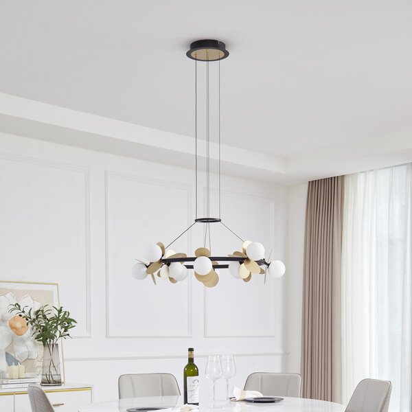Lucande LED viseća lampa Pallo, 12 žarulja, crna/zlatna, staklo, prigušiva, Crno, Dnevni boravak/blagovaonica, Metal