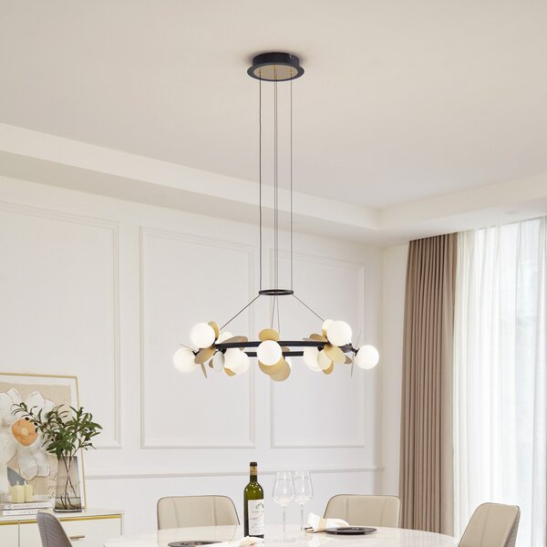 Lucande LED viseća lampa Pallo, 12 žarulja, crna/zlatna, staklo, prigušiva, Crno, Dnevni boravak/blagovaonica, Metal