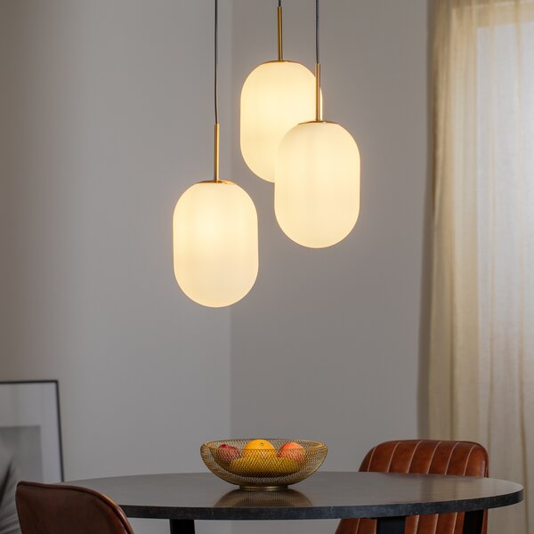 Eko-Light Viseća lampa Alias, metal zlatne boje, opalno staklo, okrugla s 3 žarulje, prigušiva, Bijela, Dnevni boravak/blagovaonica, Staklo