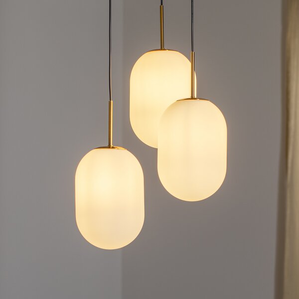 Eko-Light Viseća lampa Alias, metal zlatne boje, opalno staklo, okrugla s 3 žarulje, prigušiva, Bijela, Dnevni boravak/blagovaonica, Staklo