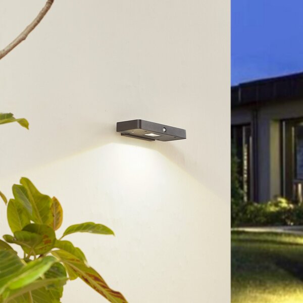 Lucande LED solarna zidna svjetiljka Tavon, kvadratna, crna, senzor, prigušiva, Crno, Aluminij, Zidni kvadrat