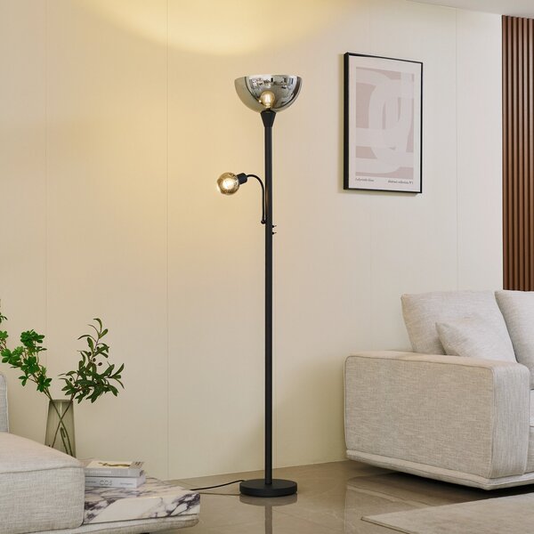 Lindby podna lampa Nehemia, crna, staklo, svjetlo za čitanje, 185 cm, Sivo, Dnevni boravak/blagovaonica, Staklo, Svjetlo za čitanje