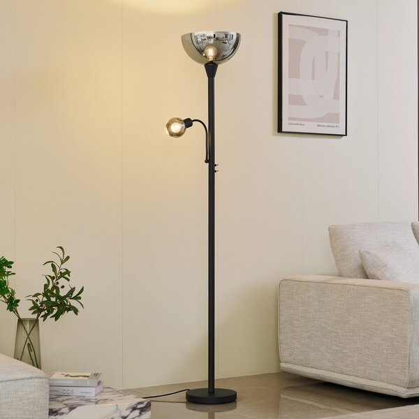 Lindby podna lampa Nehemia, crna, staklo, svjetlo za čitanje, 185 cm, Sivo, Dnevni boravak/blagovaonica, Staklo, Svjetlo za čitanje