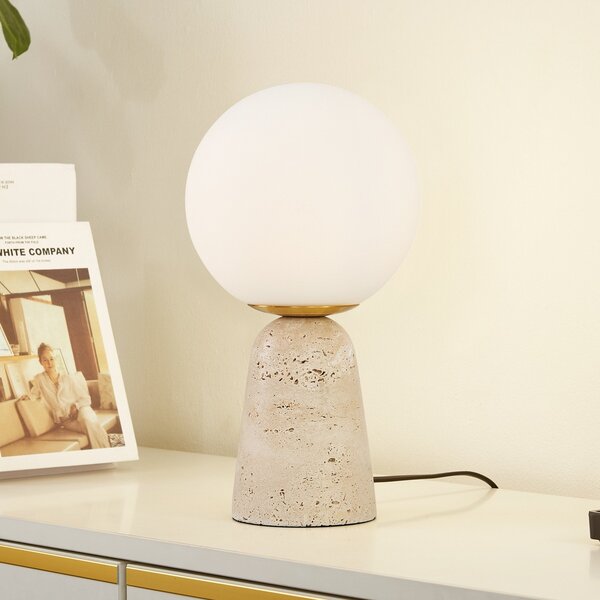Lindby stolna lampa Kirstan, bež, bijela, staklo, kamen, 33 cm, Bijela, Dnevni boravak/blagovaonica, Staklo