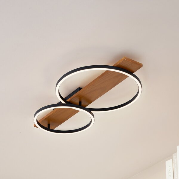 Lindby LED stropna svjetiljka Galad, crna, drvo, 2 žarulje, 75 cm, prigušiva, Drvo, Dnevni boravak/blagovaonica, Drvo, Pokrivač okrugli izravno