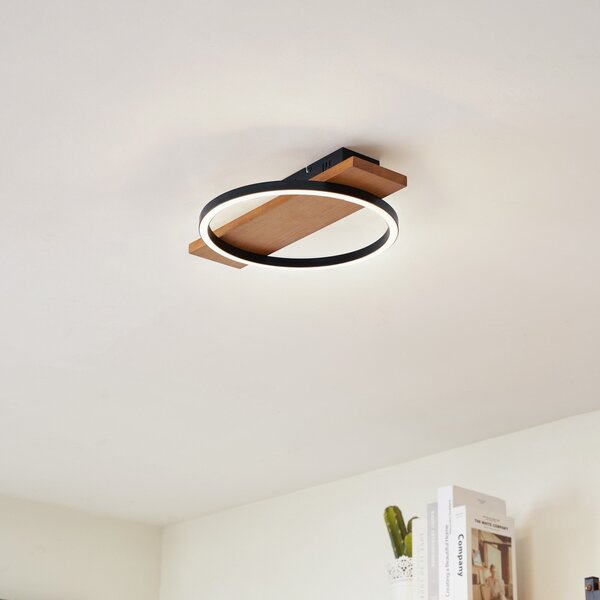 Lindby LED stropna svjetiljka Galad, crna, drvo, 30 cm, prigušiva, prigušiva, Drvo, Dnevni boravak/blagovaonica, Drvo, Pokrivač okrugli izravno