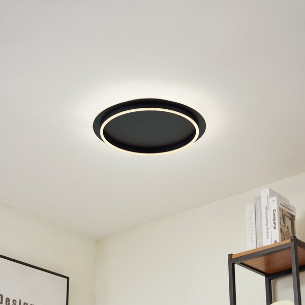 Lindby LED stropna svjetiljka Kunis, crna, plastika, Ø 46 cm, Crno, Dnevni boravak/blagovaonica, Plastika