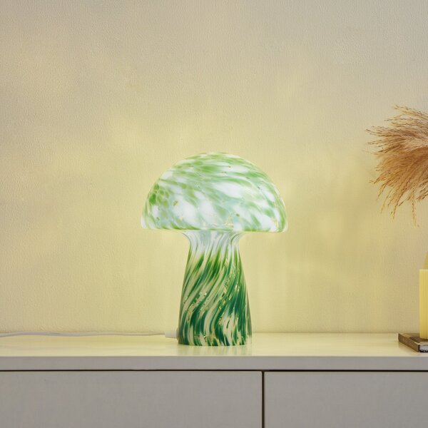 Lindby stolna lampa Hubi, zelena, staklo, Ø 22 cm, oblik gljive, Zelena, Dnevni boravak/blagovaonica, Staklo