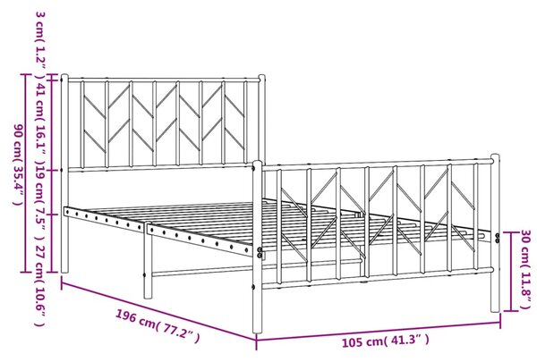Metalni okvir kreveta s uzglavljem i podnožjem bijeli 100x190cm - Bijela / 100 x 190 cm