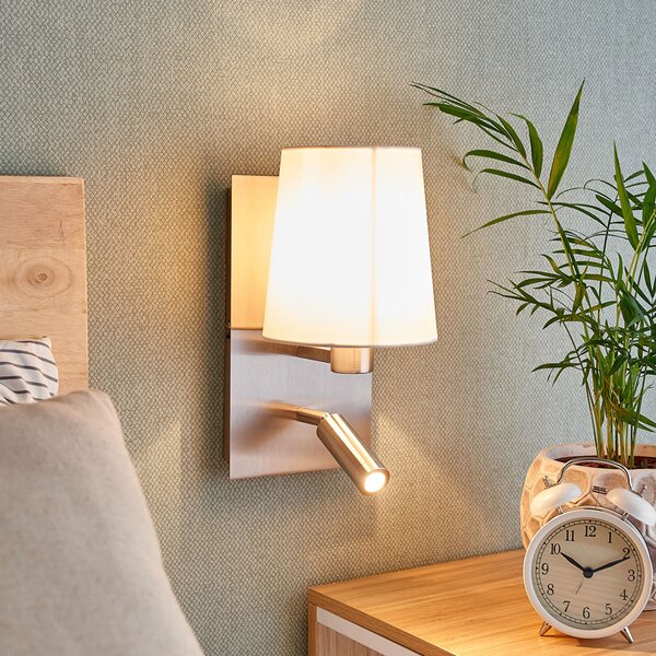 Lindby zidna lampa Aiden, bijela, nikal, LED svjetlo za čitanje, Sivo, Dnevni boravak/blagovaonica, Tkanina / tekstil