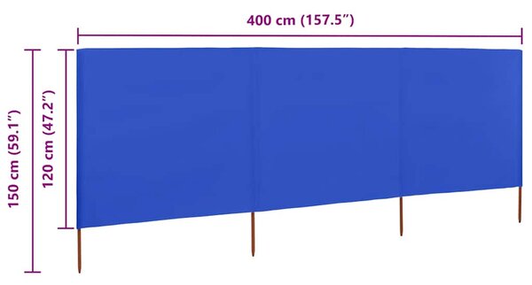 Vjetrobran s 3 panela od tkanine 400 x 120 cm azurno plavi - Plava / 400 x 120 cm