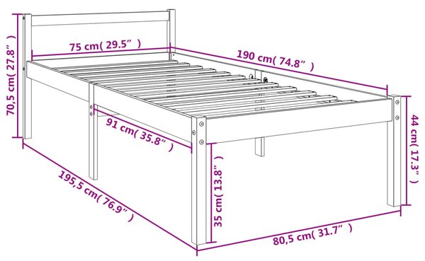 Krevet za starije osobe bijeli 75x190 cm mali masivna borovina - Bijela / 75 x 190 cm