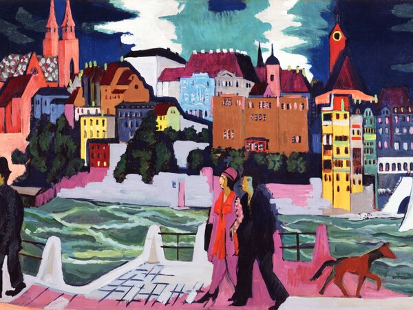Reprodukcija umjetnosti View of Basel & The Rhine (People Walking in the City) - Ernst Ludwig Kirchner, (40 x 30 cm)