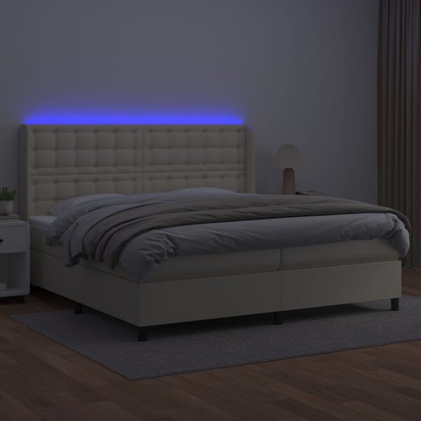 Krevet box spring s madracem LED krem 200x200cm od umjetne kože - Krema / 200 x 200 cm