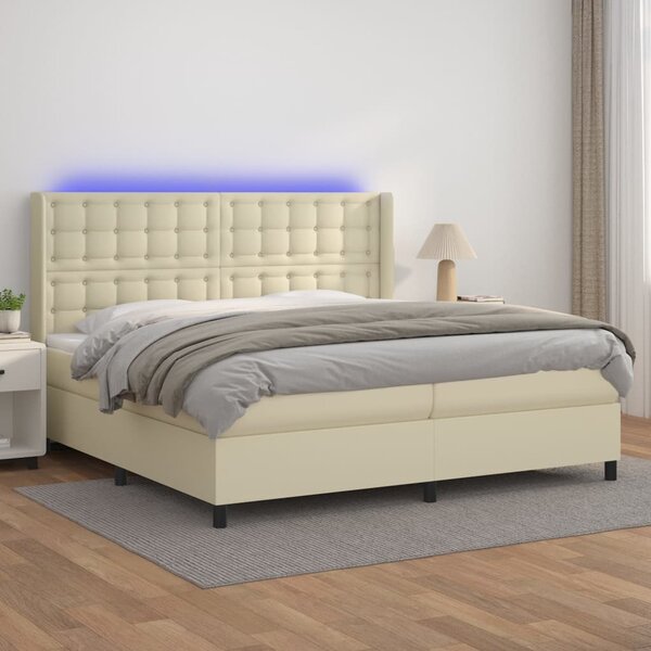 Krevet box spring s madracem LED krem 200x200cm od umjetne kože - Krema / 200 x 200 cm
