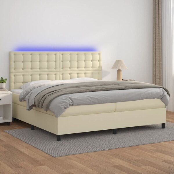 Krevet box spring s madracem LED krem 200x200cm od umjetne kože - Krema / 200 x 200 cm