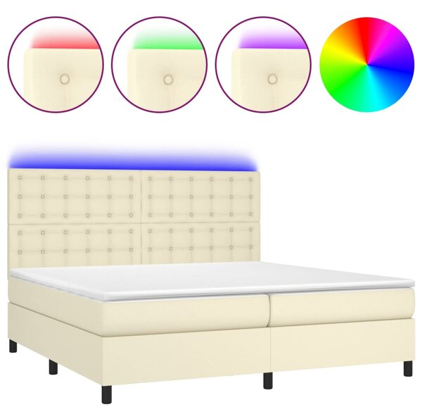 Krevet box spring s madracem LED krem 200x200cm od umjetne kože - Krema / 200 x 200 cm