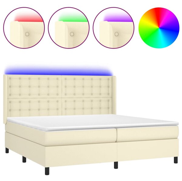 Krevet box spring s madracem LED krem 200x200cm od umjetne kože - Krema / 200 x 200 cm