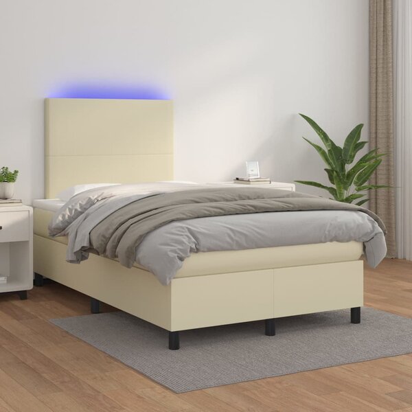 Krevet box spring s madracem LED krem 120x200cm od umjetne kože - Krema / 120 x 200 cm