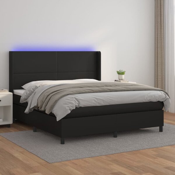 Krevet box spring s madracem LED crni 160x200cm od umjetne kože - Crna / 160 x 200 cm