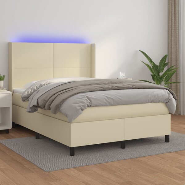 Krevet box spring s madracem LED krem 140x200cm od umjetne kože - Krema / 140 x 200 cm