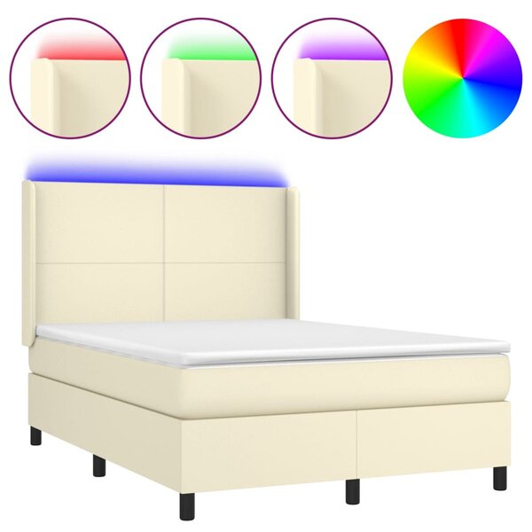 Krevet box spring s madracem LED krem 140x200cm od umjetne kože - Krema / 140 x 200 cm