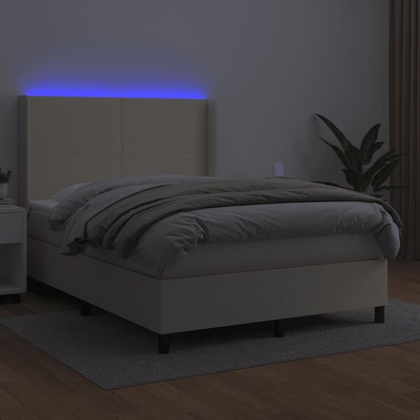 Krevet box spring s madracem LED krem 140x200cm od umjetne kože - Krema / 140 x 200 cm