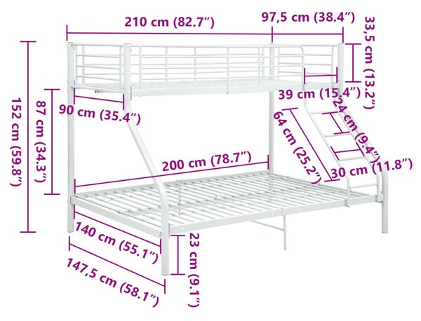 Okvir za krevet na kat bijeli metalni 140 x 200 / 90 x 200 cm - Bijela / N/A