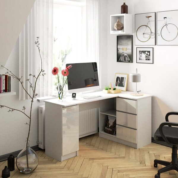 Kutni PC stol Bevin (bijeli sjaj) (D)