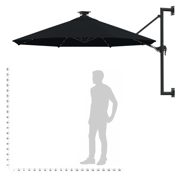 Zidni vrtni suncobran s LED svjetlima 300 cm crni - Crna / N/A