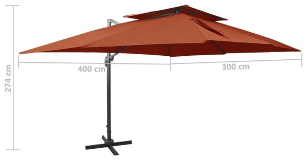Konzolni vrtni suncobran s dvostrukim vrhom od terakote 400x300 cm - Smeđa / 300 x 400 cm
