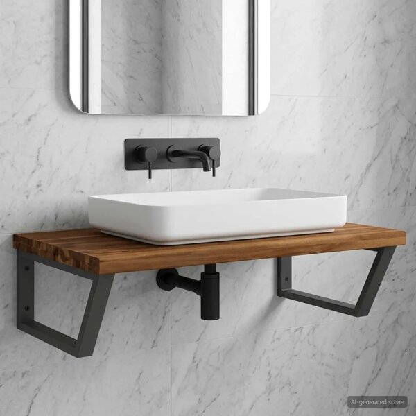 Polica za Lavabo - Umivaonik s prirodnim rubom montirana na zid - Prirodna i crna 40 x 50 x 24 cm Četvrtasto