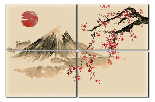 Slika na platnu - Tradicionalno sumi-e slikarstvo: sakura, sunce i planine 1271FE (90x60 cm)
