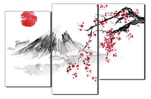 Slika na platnu - Tradicionalno sumi-e slikarstvo: sakura, sunce i planine 1271C (90x60 cm)
